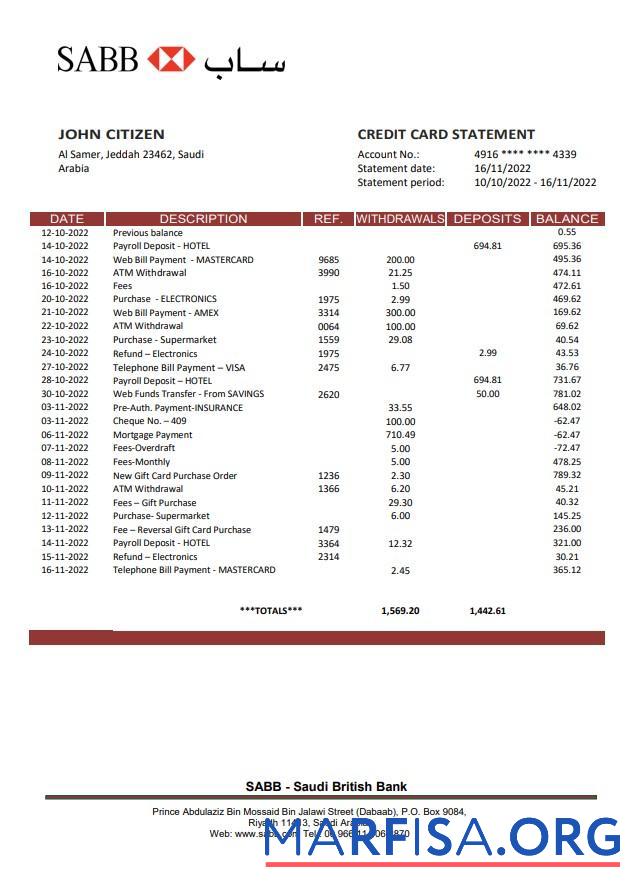 Downloadable Saudi Arabia SABB bank statement word download for verification